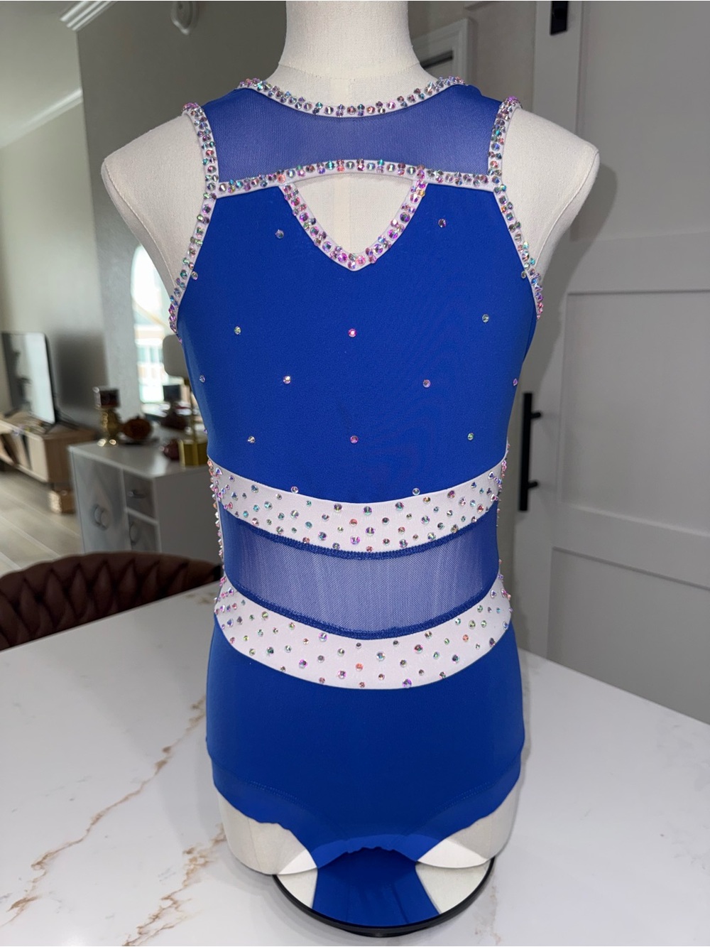 Five Dancewear Blue and White Rhinestone Dance Leotard Costume size PA